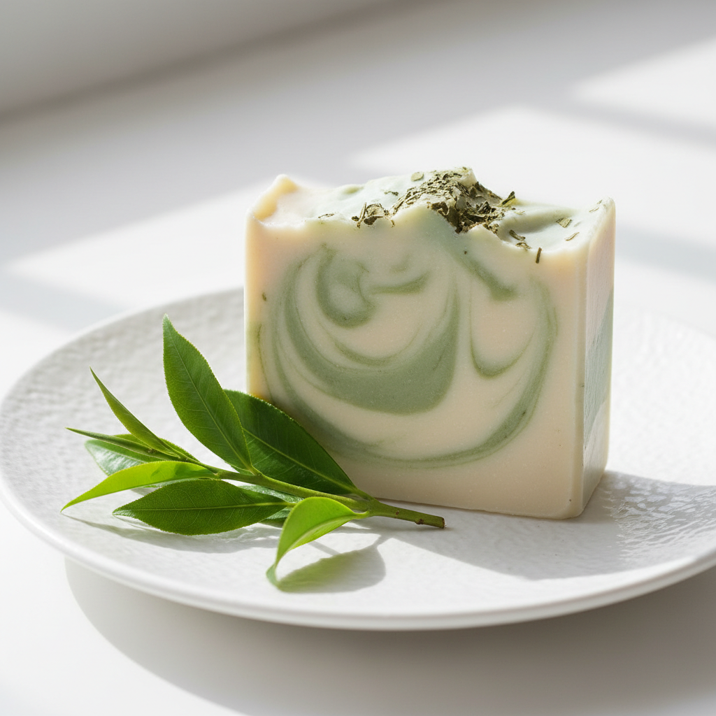 Artisan tea tree soap bar with green and white tones on white background