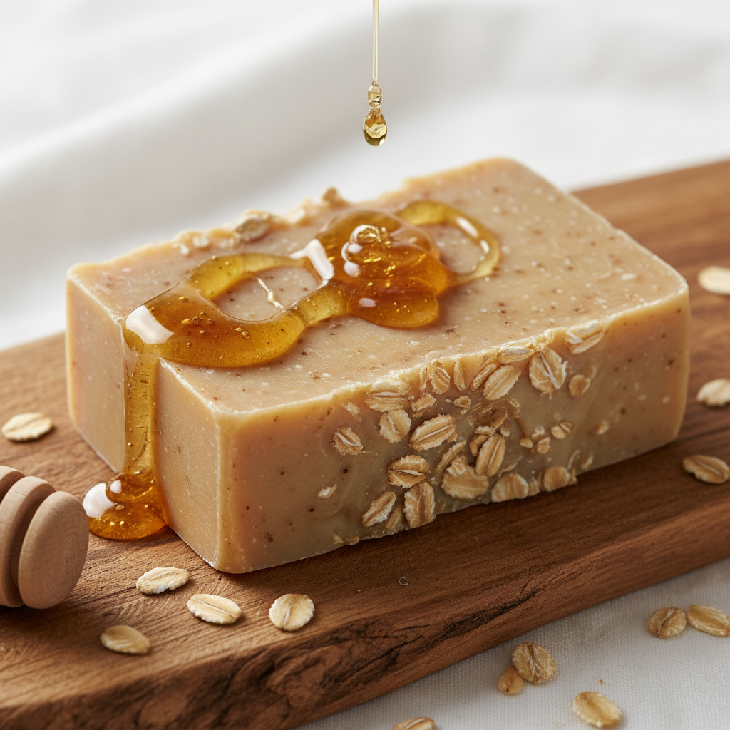 Artisan oatmeal honey soap bar with golden tones on white background